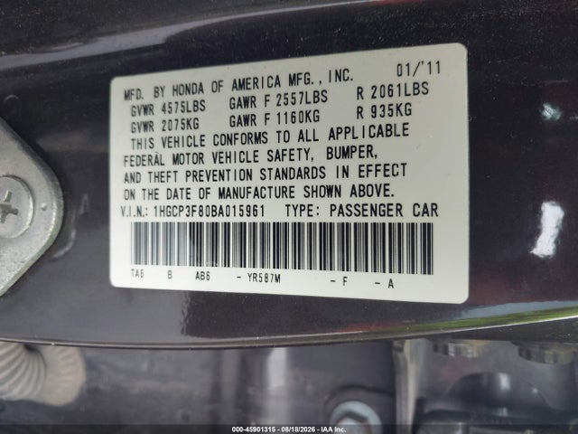 2011 Honda Accord 3.5 Ex-l მანქანა იყიდება აუქციონზე, vin: 1HGCP3F80BA015961, აუქციონის ნომერი: 45901315