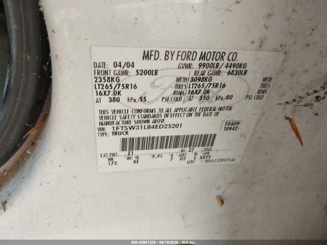 45901328 :رقم المزاد ، 1FTSW31L84ED25201 vin ، 2004 Ford F-350 Lariat/xl/xlt مزاد بيع