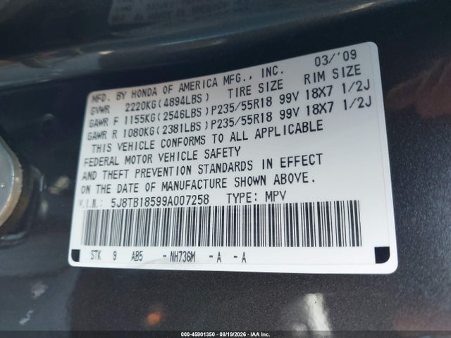 Продаж на аукціоні авто 2009 Acura Rdx, vin: 5J8TB18599A007258, номер лоту: 45901350