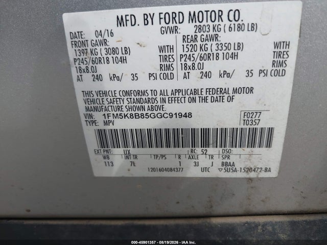 2016 Ford Explorer მანქანა იყიდება აუქციონზე, vin: 1FM5K8B85GGC91948, აუქციონის ნომერი: 45901357