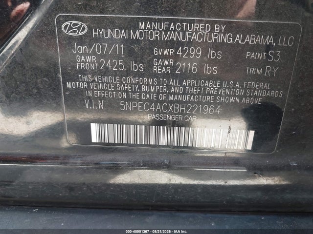 Продажа на аукционе авто 2011 Hyundai Sonata Limited, vin: 5NPEC4ACXBH221964, номер лота: 45901367
