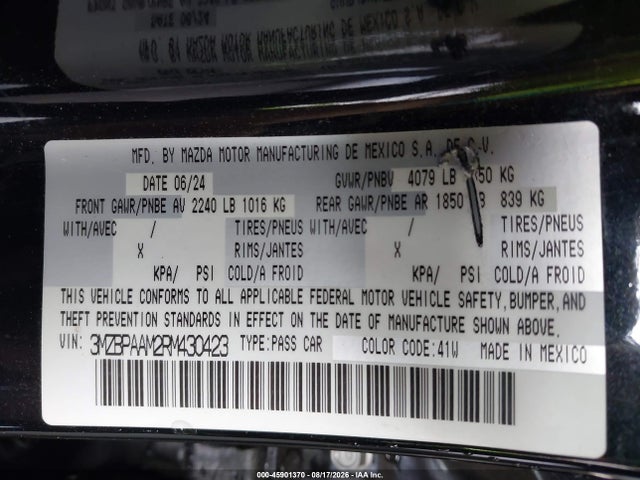 45901370 :رقم المزاد ، 3MZBPAAM2RM430423 vin ، 2024 Mazda Mazda3 2.5 S مزاد بيع
