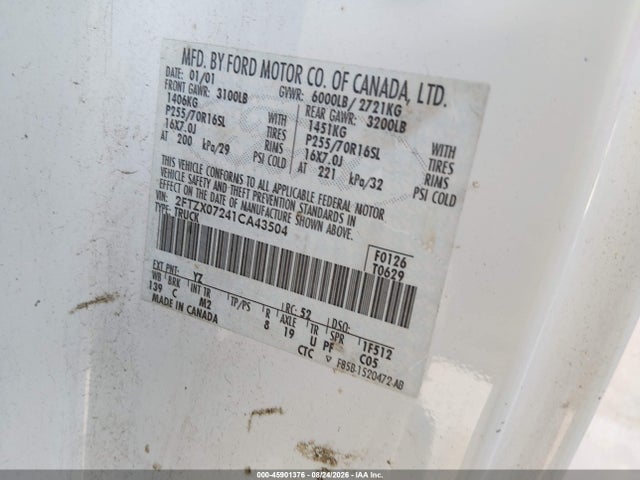 Auction sale of the 2001 Ford F-150 Xl/xlt, vin: 2FTZX07241CA43504, lot number: 45901376