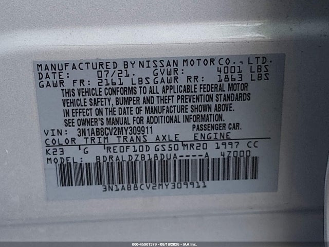 2021 Nissan Sentra Sv Xtronic Cvt მანქანა იყიდება აუქციონზე, vin: 3N1AB8CV2MY309911, აუქციონის ნომერი: 45901379