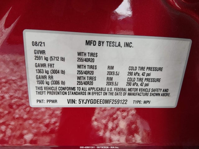 Продажа на аукционе авто 2021 Tesla Model Y Long Range Dual Motor All-wheel Drive, vin: 5YJYGDEE0MF259122, номер лота: 45901381