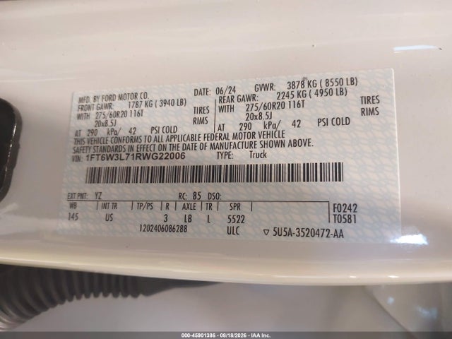 Aukcja sprzedaży 2024 Ford F-150 Lightning Flash, vin: 1FT6W3L71RWG22006, numer aukcji: 45901386