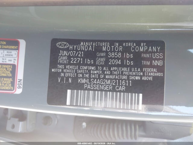 Продаж на аукціоні авто 2021 Hyundai Elantra Sel, vin: KMHLS4AG2MU211611, номер лоту: 45901402