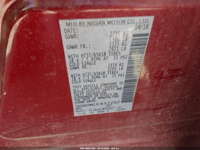 45901409 :رقم المزاد ، 5N1DR2MN1JC657202 vin ، 2018 Nissan Pathfinder Sl مزاد بيع