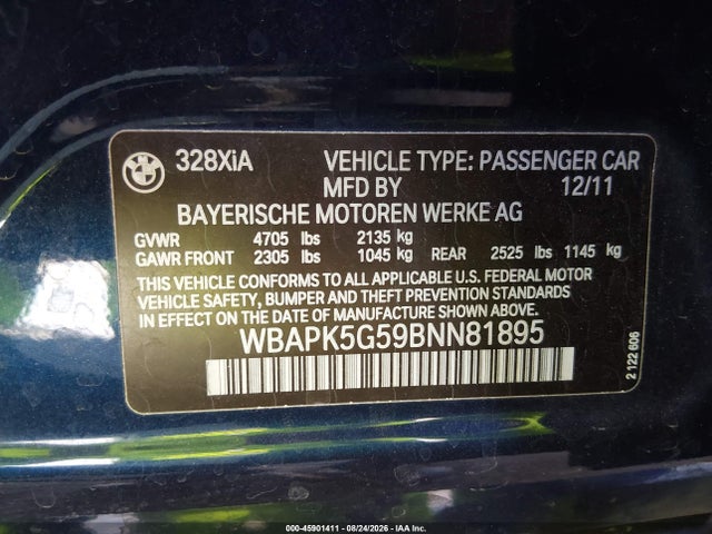 45901411 :رقم المزاد ، WBAPK5G59BNN81895 vin ، 2011 Bmw 328i Xdrive مزاد بيع