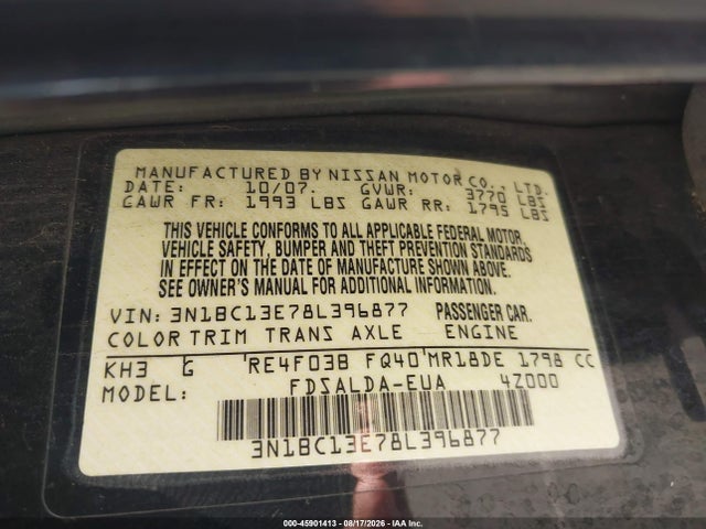 45901413 :رقم المزاد ، 3N1BC13E78L396877 vin ، 2008 Nissan Versa 1.8 S مزاد بيع