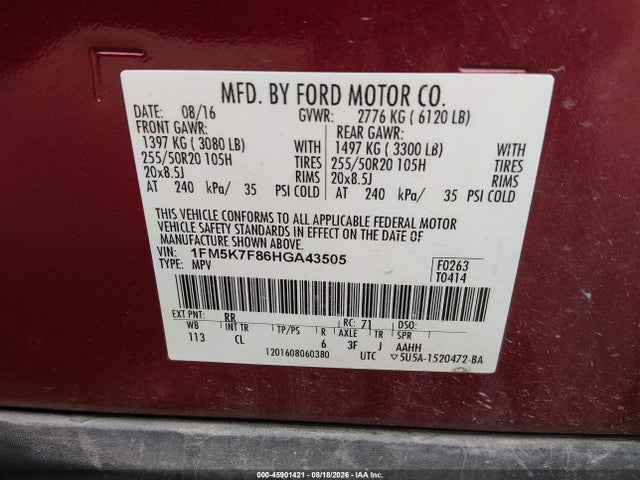 45901421 :رقم المزاد ، 1FM5K7F86HGA43505 vin ، 2017 Ford Explorer Limited مزاد بيع