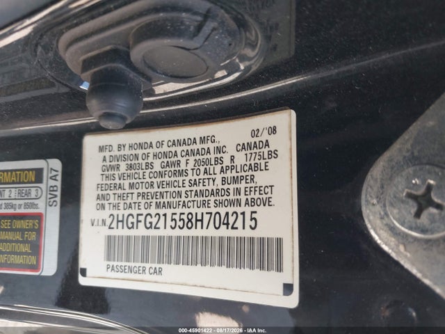 2008 Honda Civic Si მანქანა იყიდება აუქციონზე, vin: 2HGFG21558H704215, აუქციონის ნომერი: 45901422