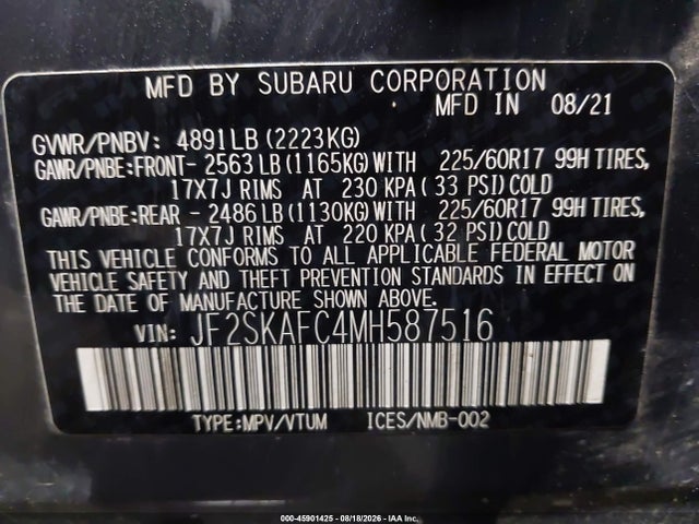 45901425 :رقم المزاد ، JF2SKAFC4MH587516 vin ، 2021 Subaru Forester Premium مزاد بيع