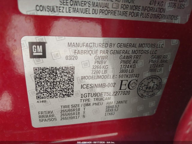 45901428 :رقم المزاد ، 1GTU9DET5LZ277020 vin ، 2020 Gmc Sierra 1500 Slt مزاد بيع
