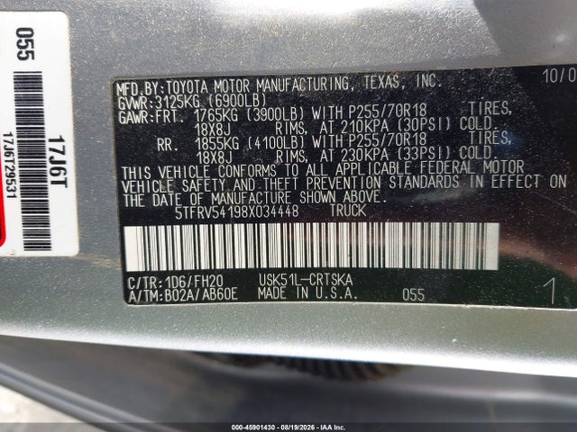 2008 Toyota Tundra Base 5.7l V8 მანქანა იყიდება აუქციონზე, vin: 5TFRV54198X034448, აუქციონის ნომერი: 45901430