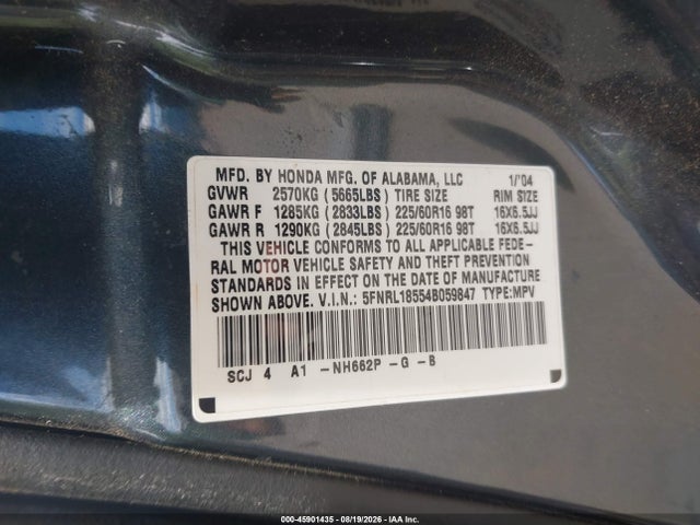 Aukcja sprzedaży 2004 Honda Odyssey Lx, vin: 5FNRL18554B059847, numer aukcji: 45901435