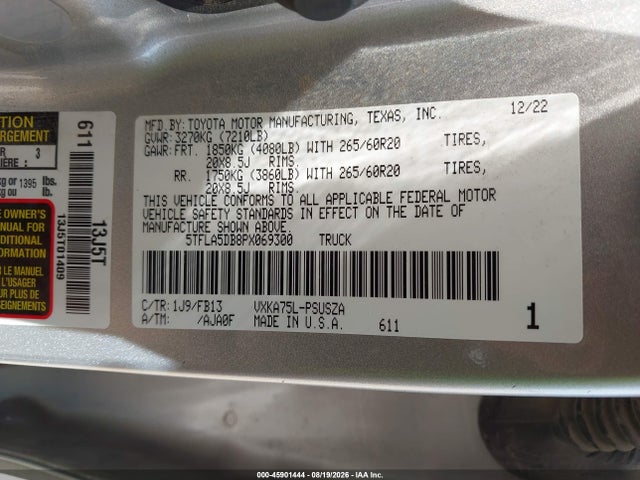 Продажа на аукционе авто 2023 Toyota Tundra Sr5, vin: 5TFLA5DB8PX069300, номер лота: 45901444