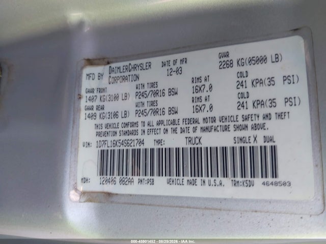 45901452 :رقم المزاد ، 1D7FL16K54S621704 vin ، 2004 Dodge Dakota مزاد بيع