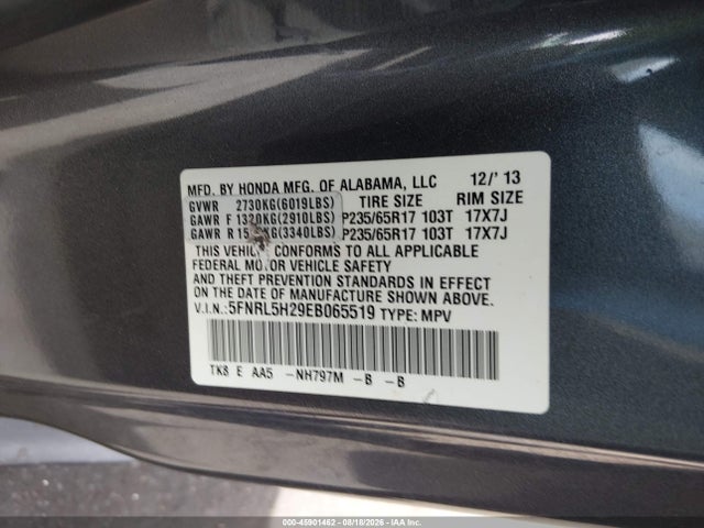 5FNRL5H29EB065519 Honda ODYSSEY LX