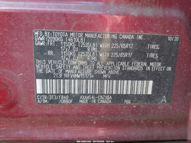 2T3F1RFV4MW151794 Toyota RAV4 LE