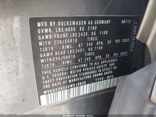 2014 Volkswagen Tiguan Se მანქანა იყიდება აუქციონზე, vin: WVGAV3AX5EW518835, აუქციონის ნომერი: 45901472
