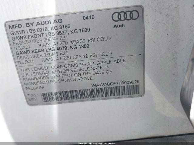 2019 Audi E-tron Premium Plus მანქანა იყიდება აუქციონზე, vin: WA1VABGE7KB009926, აუქციონის ნომერი: 45901475