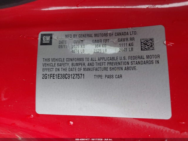 2012 Chevrolet Camaro 1ls მანქანა იყიდება აუქციონზე, vin: 2G1FE1E38C9127571, აუქციონის ნომერი: 45901477