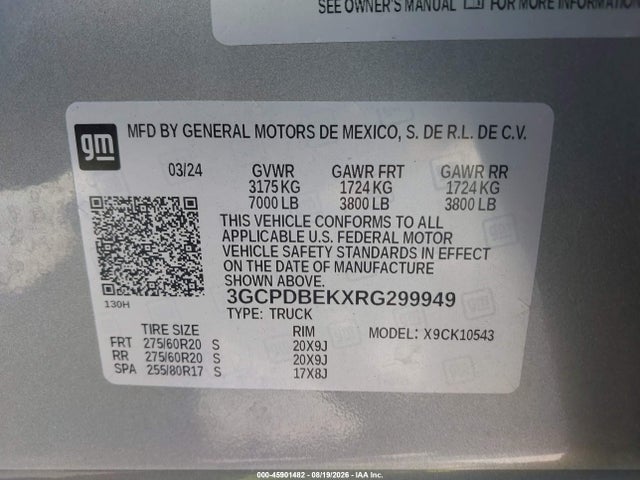 45901482 :رقم المزاد ، 3GCPDBEKXRG299949 vin ، 2024 Chevrolet Silverado 1500 4wd  Short Bed Custom مزاد بيع