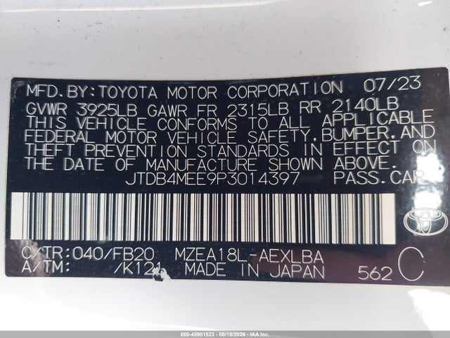 2023 Toyota Corolla Le მანქანა იყიდება აუქციონზე, vin: JTDB4MEE9P3014397, აუქციონის ნომერი: 45901523