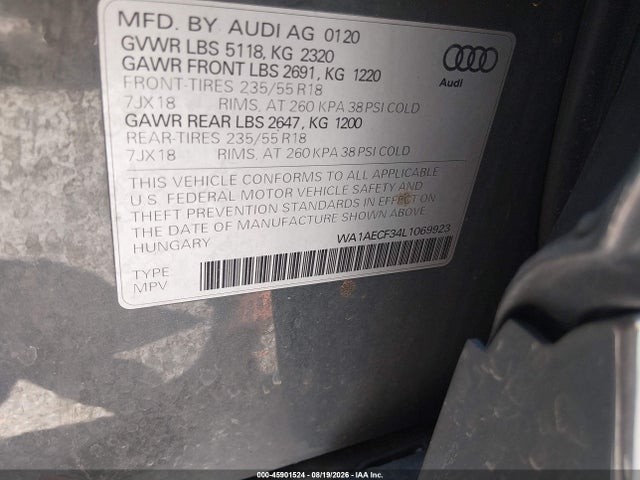45901524 :رقم المزاد ، WA1AECF34L1069923 vin ، 2020 Audi Q3 Premium 45 Tfsi Quattro Tiptronic مزاد بيع