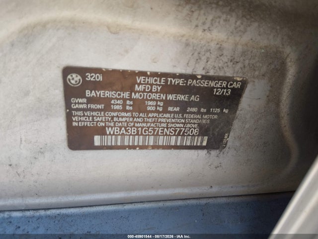 2014 Bmw 320i მანქანა იყიდება აუქციონზე, vin: WBA3B1G57ENS77508, აუქციონის ნომერი: 45901544