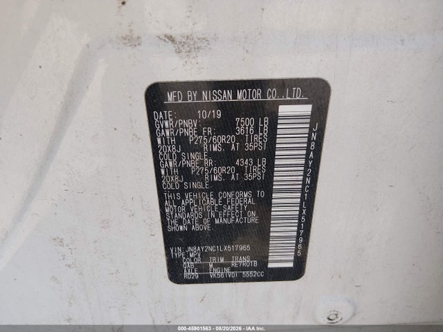 Aukcja sprzedaży 2020 Nissan Armada Sl 4wd, vin: JN8AY2NC1LX517965, numer aukcji: 45901563