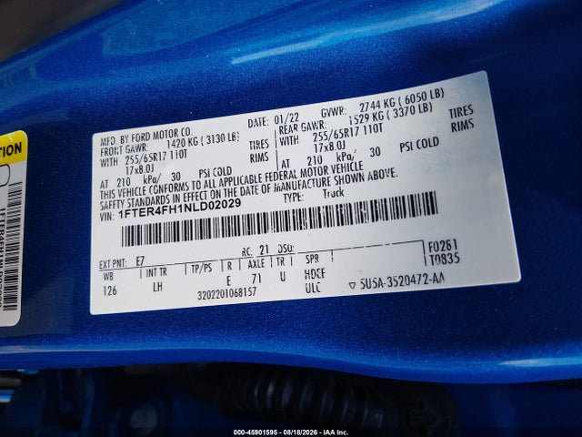 Aukcja sprzedaży 2022 Ford Ranger Xl, vin: 1FTER4FH1NLD02029, numer aukcji: 45901595