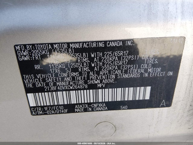Aukcja sprzedaży 2012 Toyota Rav4, vin: 2T3BF4DVXCW264878, numer aukcji: 45901606