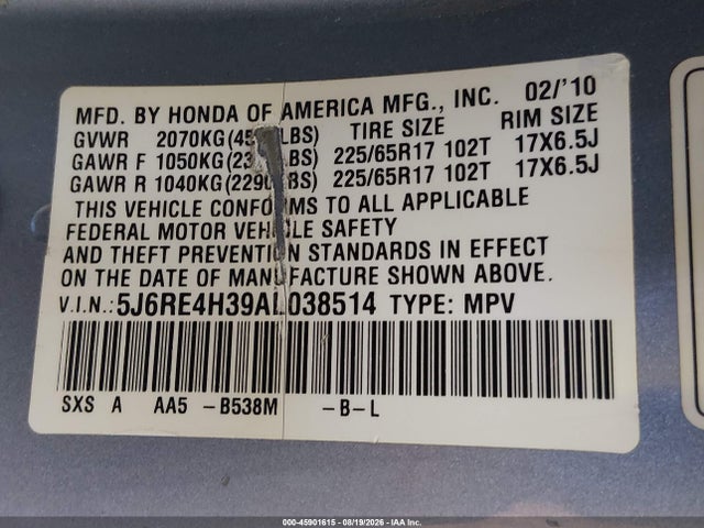 2010 Honda Cr-v Lx მანქანა იყიდება აუქციონზე, vin: 5J6RE4H39AL038514, აუქციონის ნომერი: 45901615