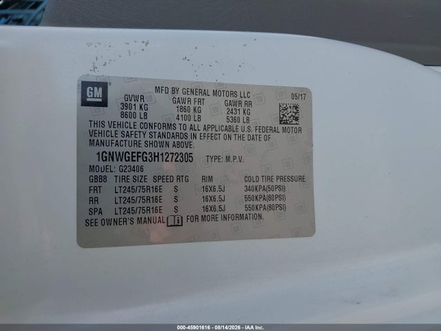 Chevrolet Express 2500 Ls 2017 1GNWGEFG3H1272305 Image 9