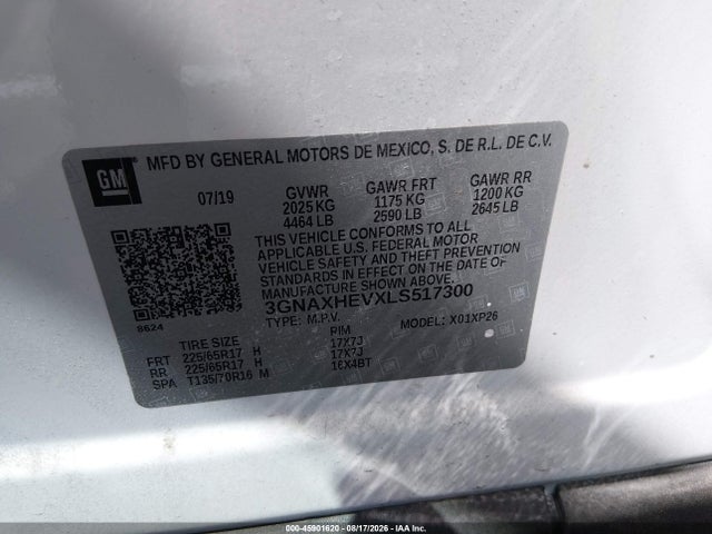 45901620 :رقم المزاد ، 3GNAXHEVXLS517300 vin ، 2020 Chevrolet Equinox Fwd Ls مزاد بيع