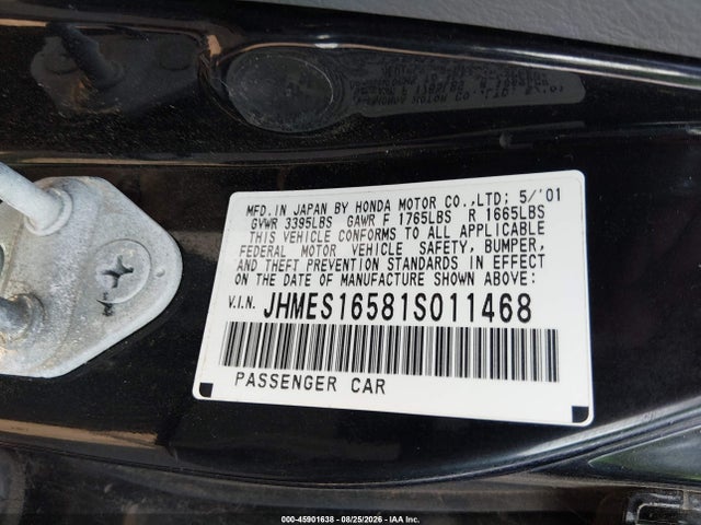 Aukcja sprzedaży 2001 Honda Civic Lx, vin: JHMES16581S011468, numer aukcji: 45901638