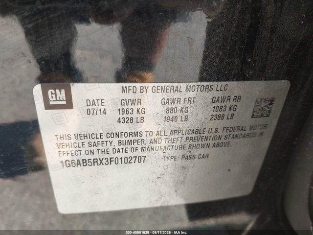 45901639 :رقم المزاد ، 1G6AB5RX3F0102707 vin ، 2015 Cadillac Ats Luxury مزاد بيع