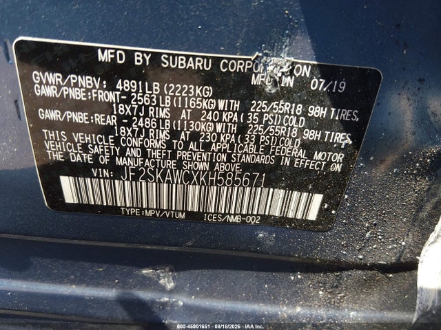 Aukcja sprzedaży 2019 Subaru Forester Touring, vin: JF2SKAWCXKH585671, numer aukcji: 45901651