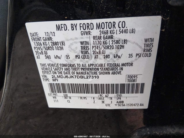 Продаж на аукціоні авто 2013 Lincoln Mkx, vin: 2LMDJ6JK7DBL27310, номер лоту: 45901657