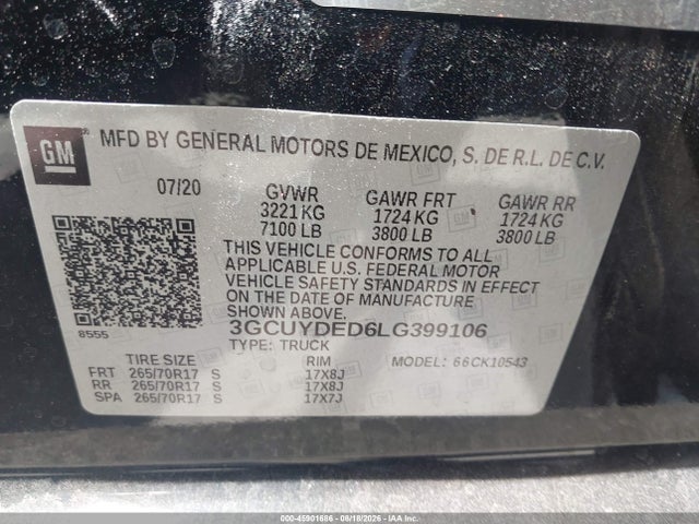 Aukcja sprzedaży 2020 Chevrolet Silverado 1500 4wd  Short Bed Lt, vin: 3GCUYDED6LG399106, numer aukcji: 45901686