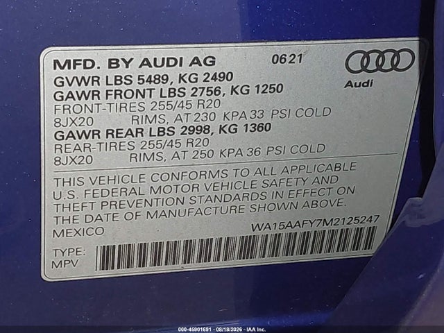 2021 Audi Q5 Sportback Premium Plus 45 Tfsi Quattro S Tronic მანქანა იყიდება აუქციონზე, vin: WA15AAFY7M2125247, აუქციონის ნომერი: 45901691