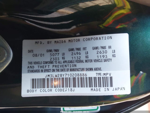 Aukcja sprzedaży 2001 Mazda Mpv Dx/es/lx, vin: JM3LW28Y710208886, numer aukcji: 45901693