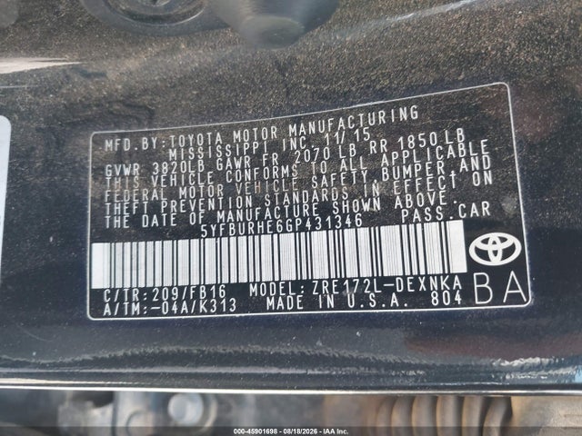Продажа на аукционе авто 2016 Toyota Corolla Le, vin: 5YFBURHE6GP431346, номер лота: 45901698