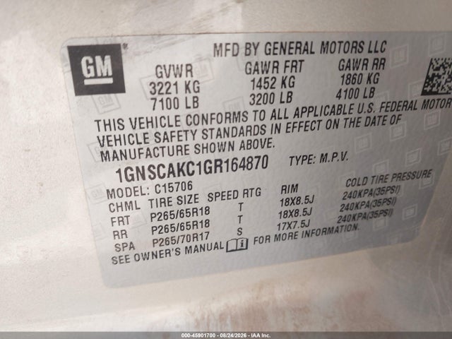 Продаж на аукціоні авто 2016 Chevrolet Tahoe Ls, vin: 1GNSCAKC1GR164870, номер лоту: 45901700