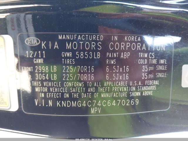 45901730 :رقم المزاد ، KNDMG4C74C6470269 vin ، 2012 Kia Sedona Lx مزاد بيع