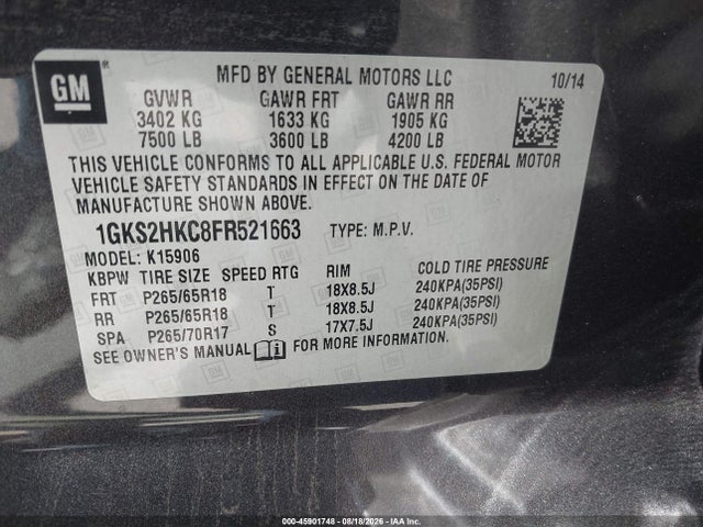 GMC Yukon Xl 1500 Slt 2015 1GKS2HKC8FR521663 Image 9