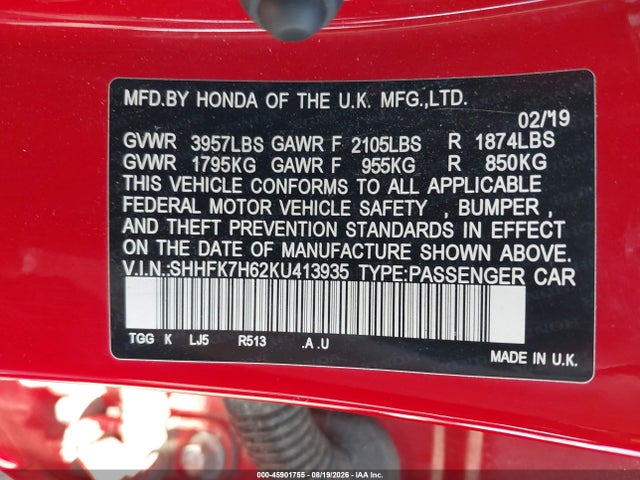SHHFK7H62KU413935 Honda CIVIC EX