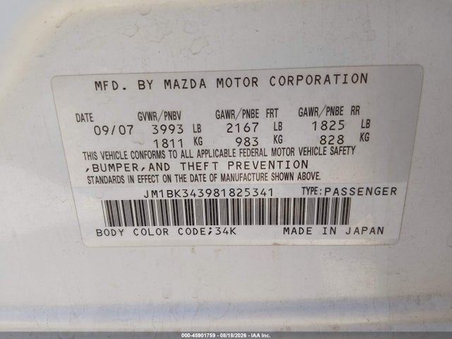 Продаж на аукціоні авто 2008 Mazda Mazda3 S Grand Touring, vin: JM1BK343981825341, номер лоту: 45901759